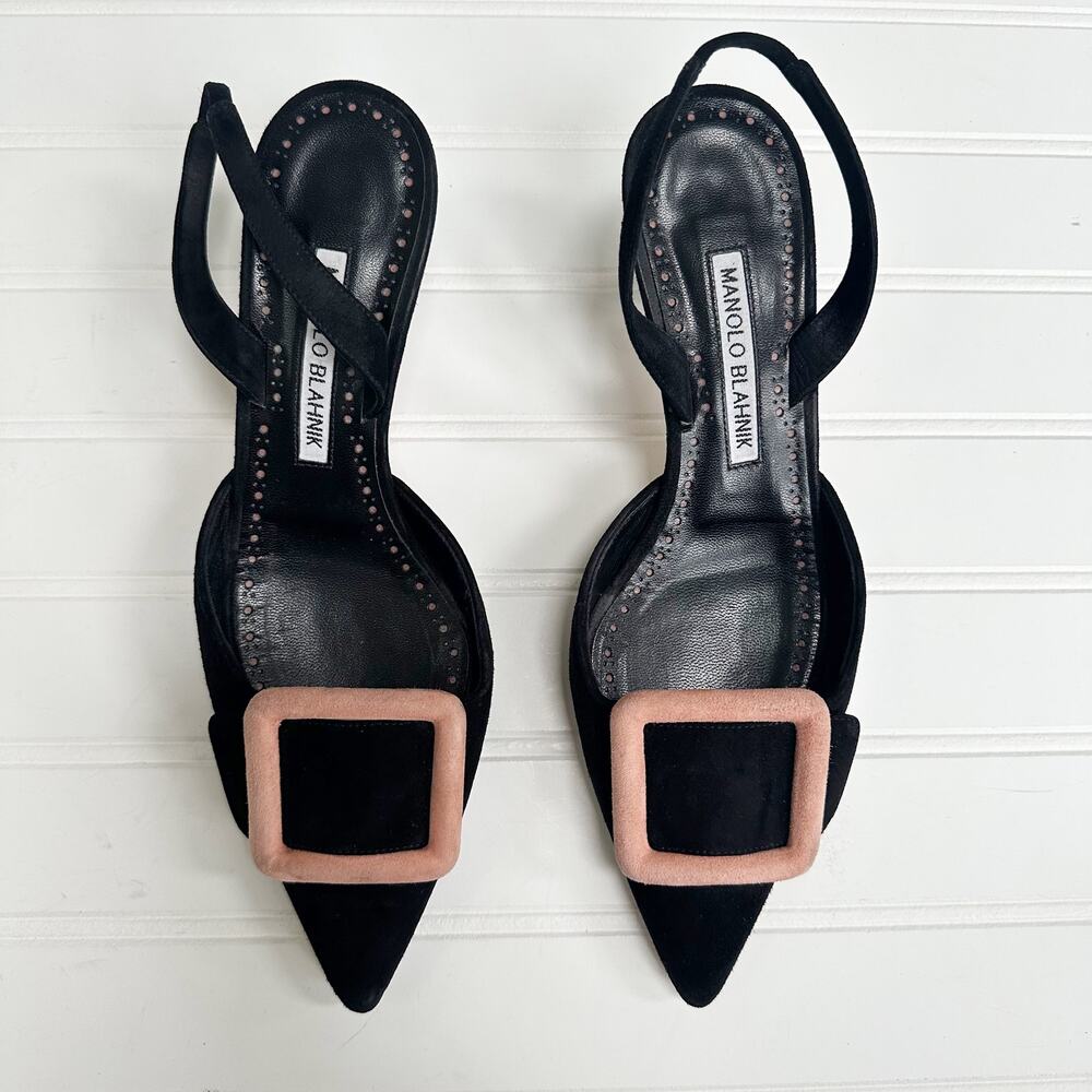 Manolo Blahnik Black Suede Slingback Heels with Pink Buckles